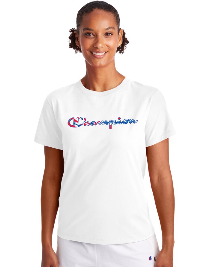 Champion T-Shirt Dames - Wit - Classic Script Tie-Dye Logo ( 620159-BGZ )